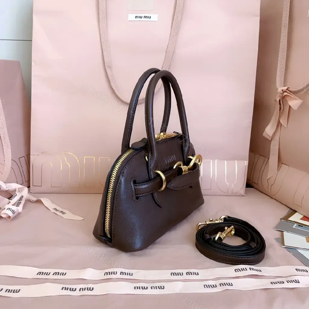View 4 of Compact Pebbled Leather Satchel with Gold Hardware