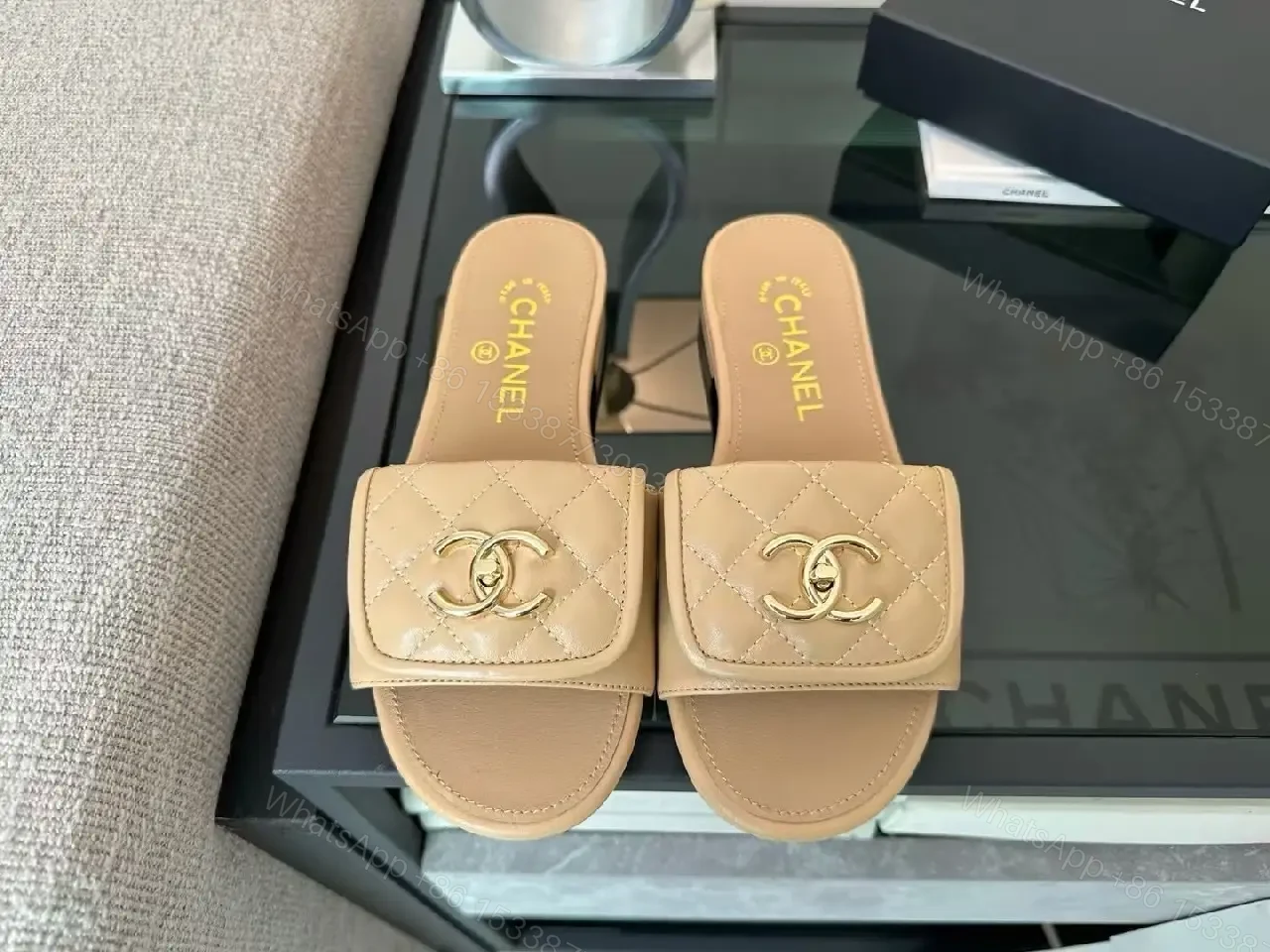 View 8 of Quilted Leather Slide Sandals with Gold Hardware - Luxury Comfort