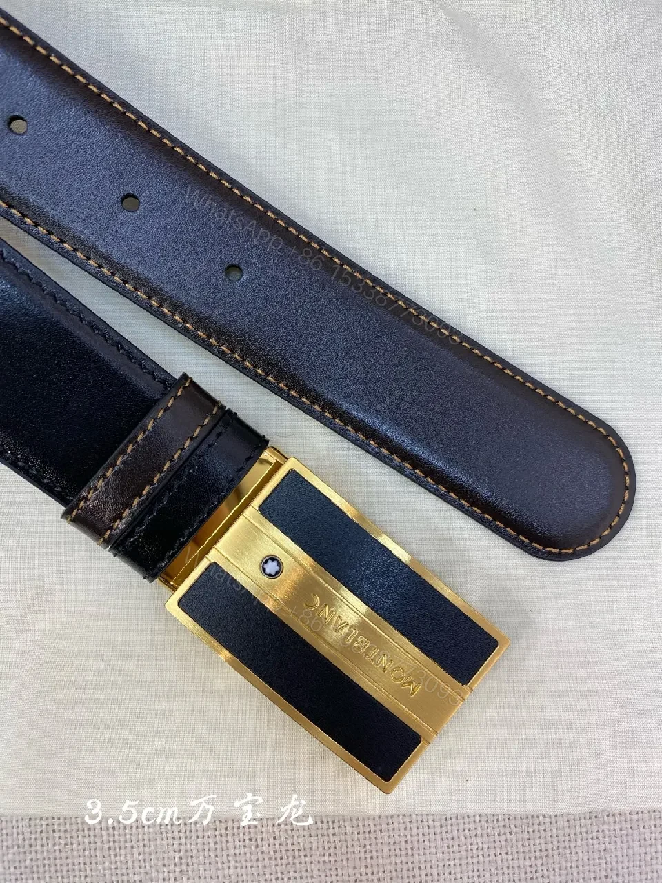 View 3 of Black Leather Belt with Gold-Plate Buckle, Premium Luxury Style