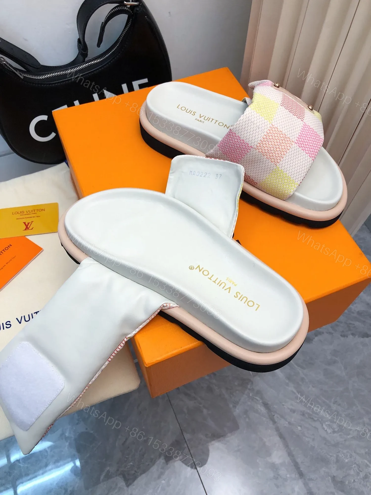 View 2 of LV Women Pastel Checkered Fabric White Slide Sandals