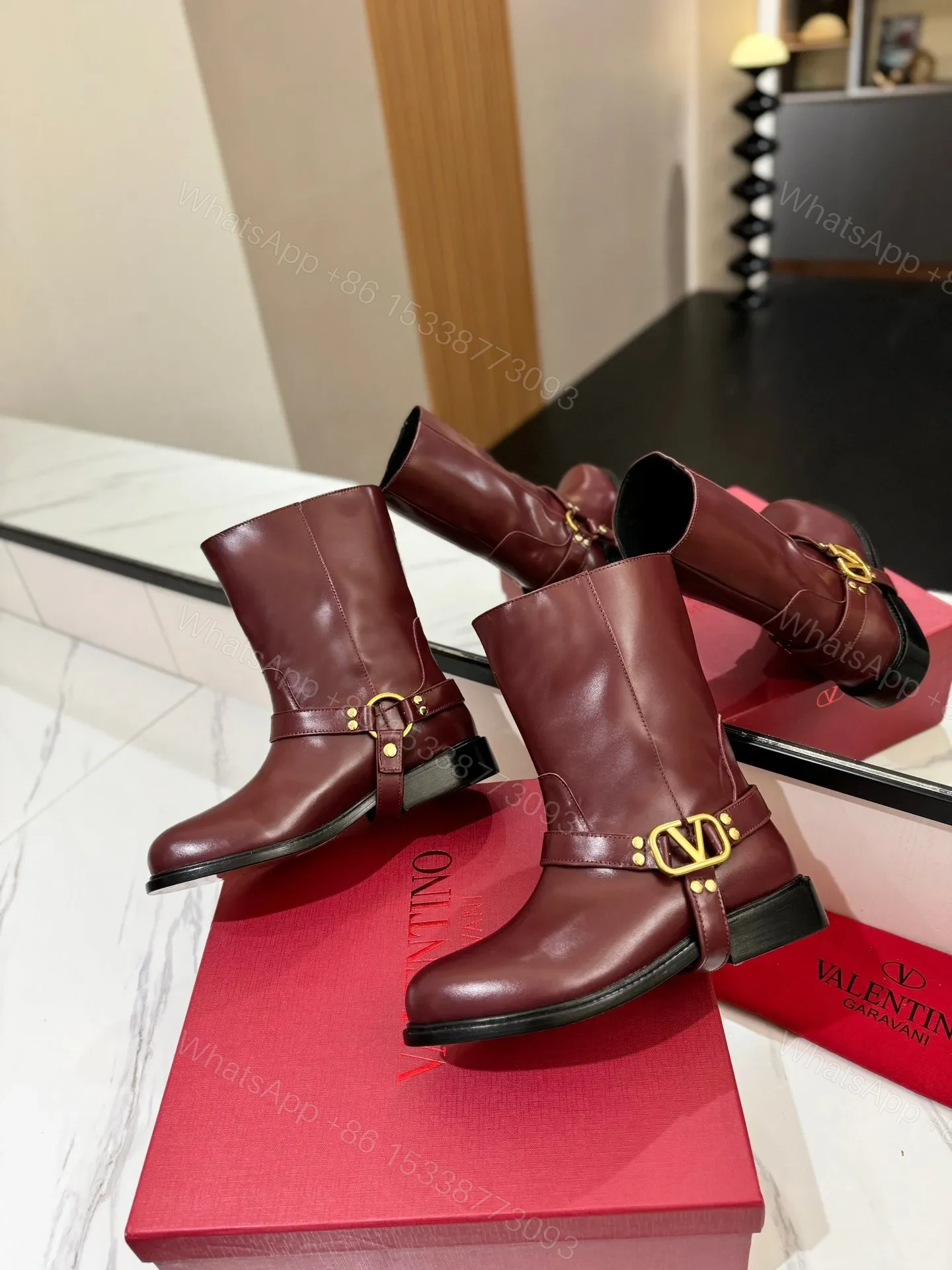 View 6 of Valentino Women Burgundy Leather Mid-Calf Boots