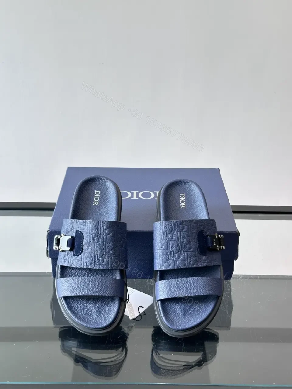 View 3 of Navy Leather Dior-Logo Slide Sandals with Buckle
