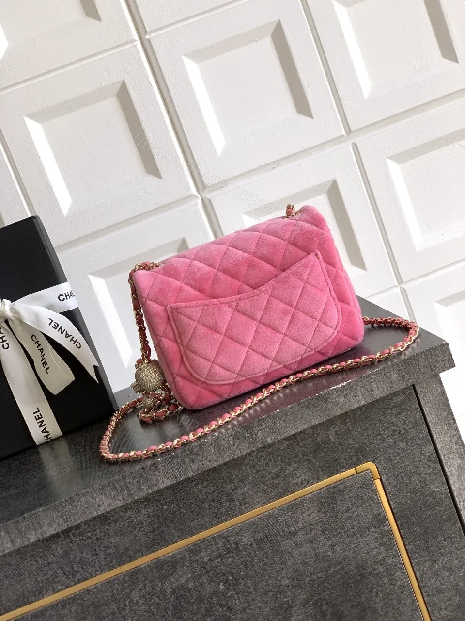 View 9 of Pink Velvet Quilted Flap Bag with Gold Hardware