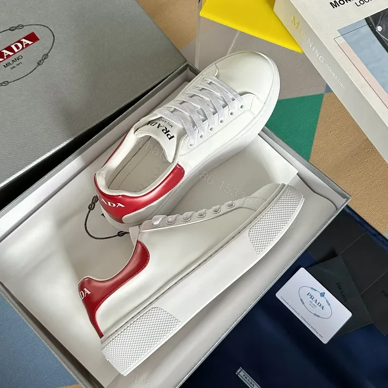 View 4 of Minimalist White-Red Leather Sneakers with Prada Touch