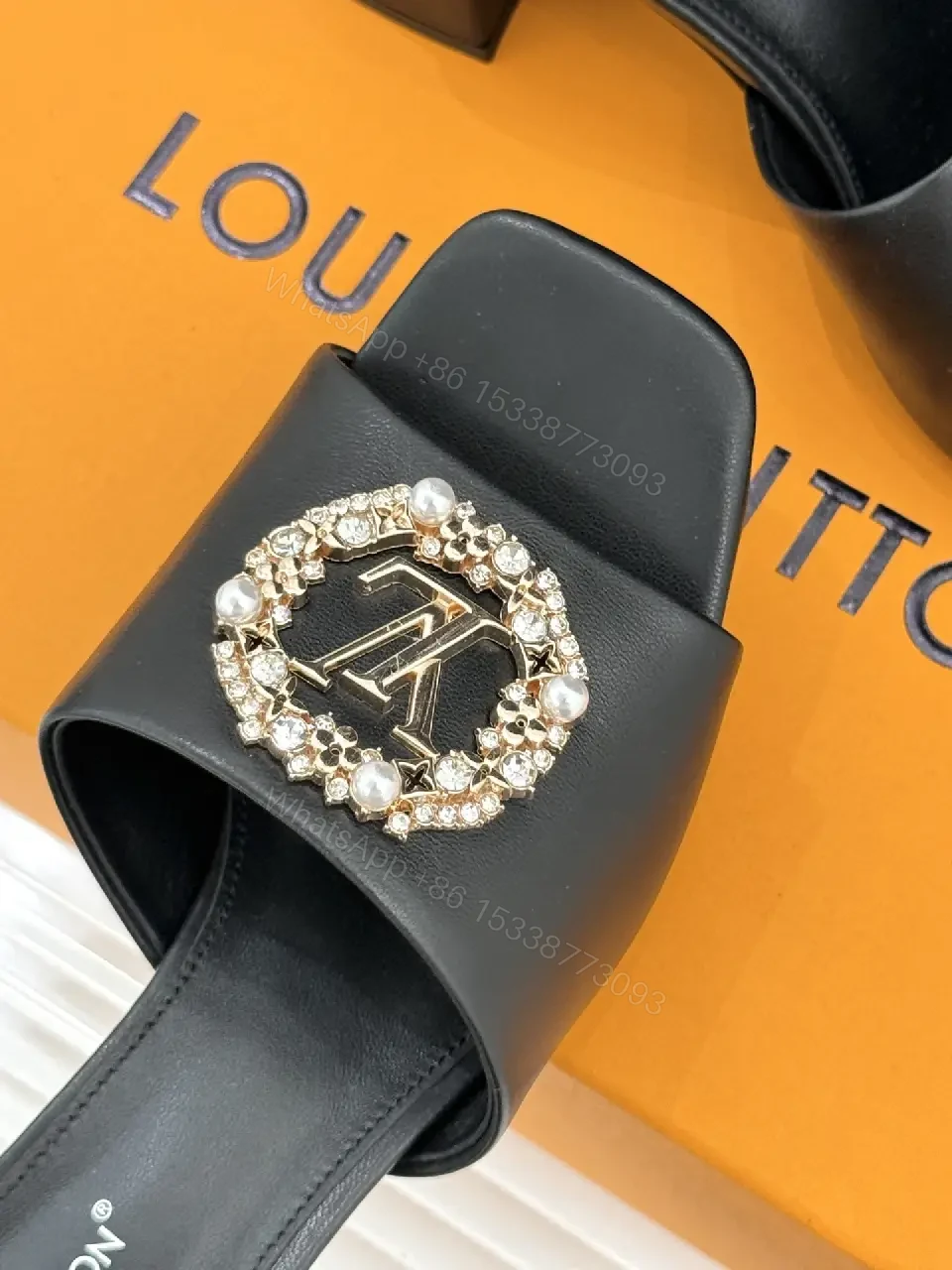 View 6 of Black Leather Slingback Slides — Crystal Emblem, 2" Block Heel