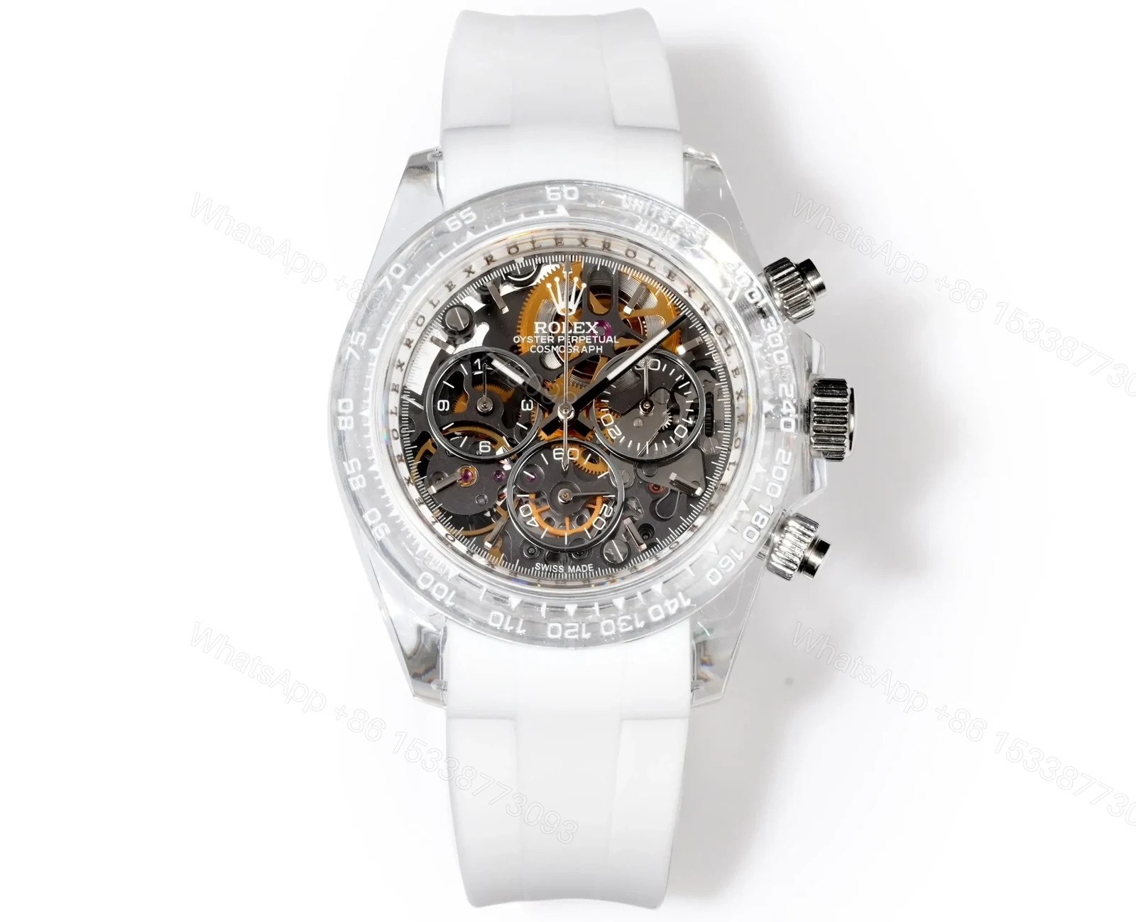 Rolex Daytona Skeleton White Sapphire replica 40MM White Rubber Strap Edition RG-DAYTONA-SKELETON-WHITE-SAPPHIRE-RUBBER-40 — view 1