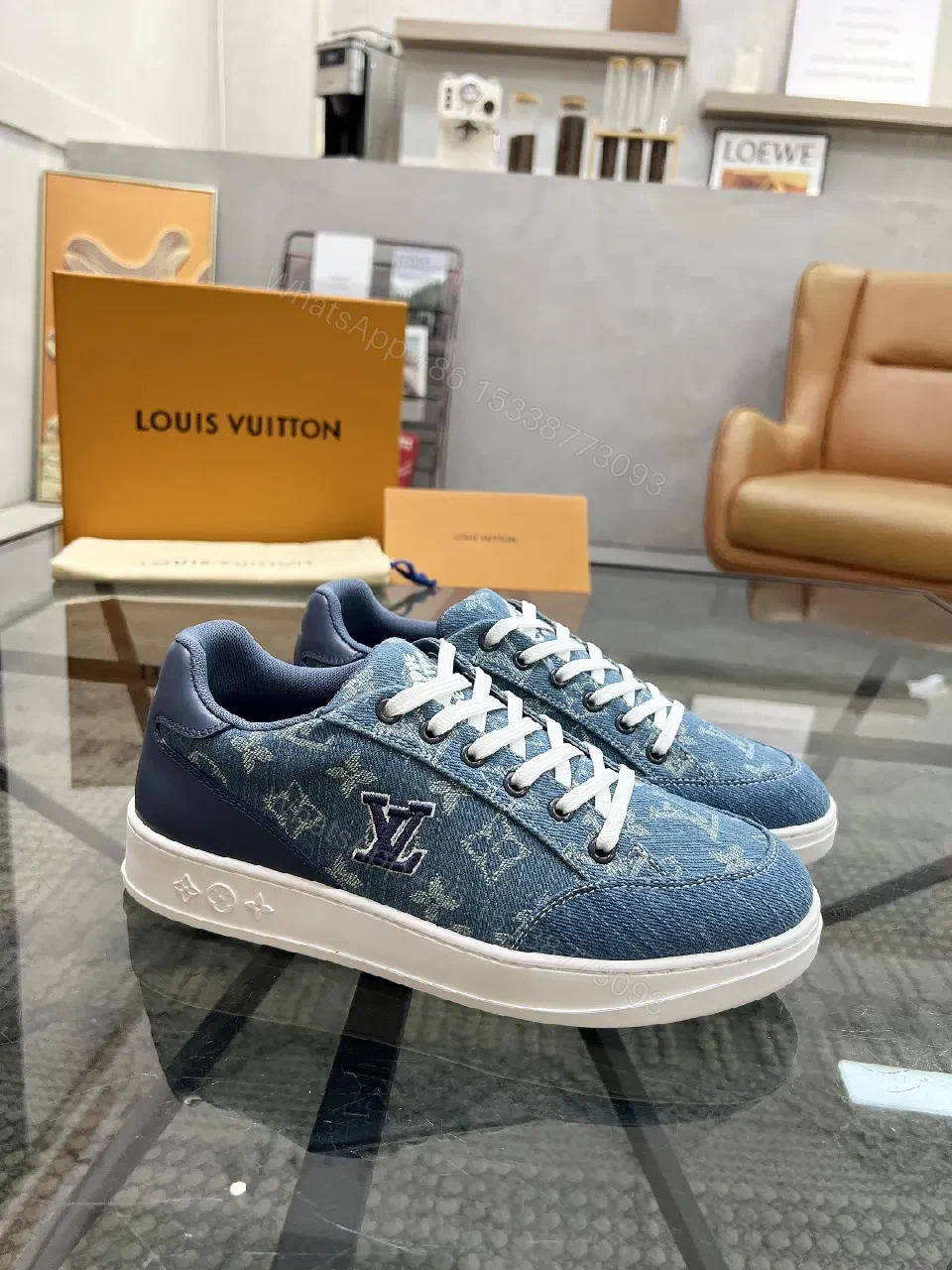 View 7 of Denim-Textured Luxury Sneakers with Monogram Embroidery