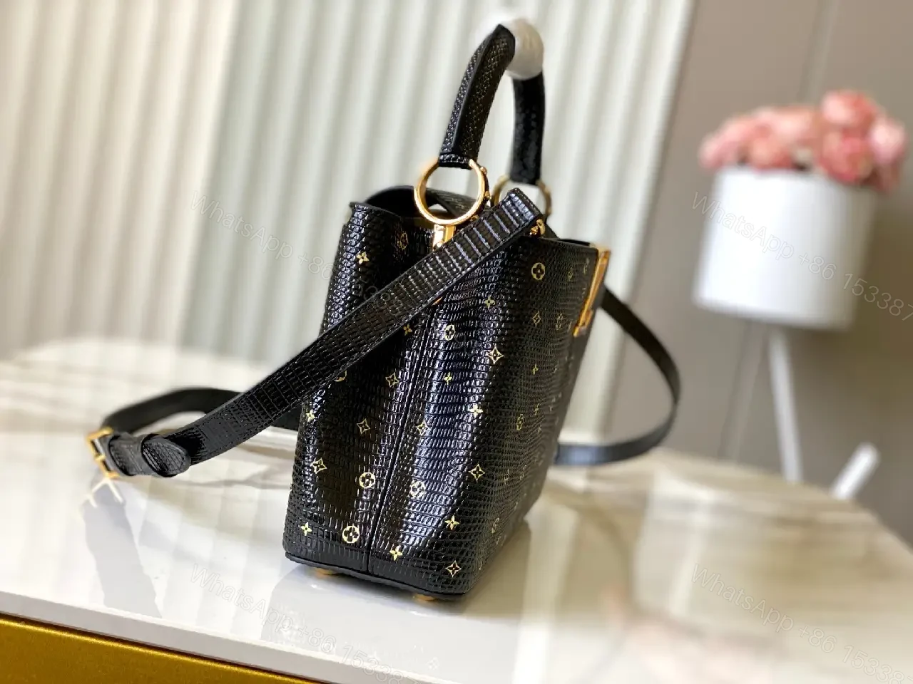 View 8 of Chic Satchel in Textured Leather with Gold Hardware