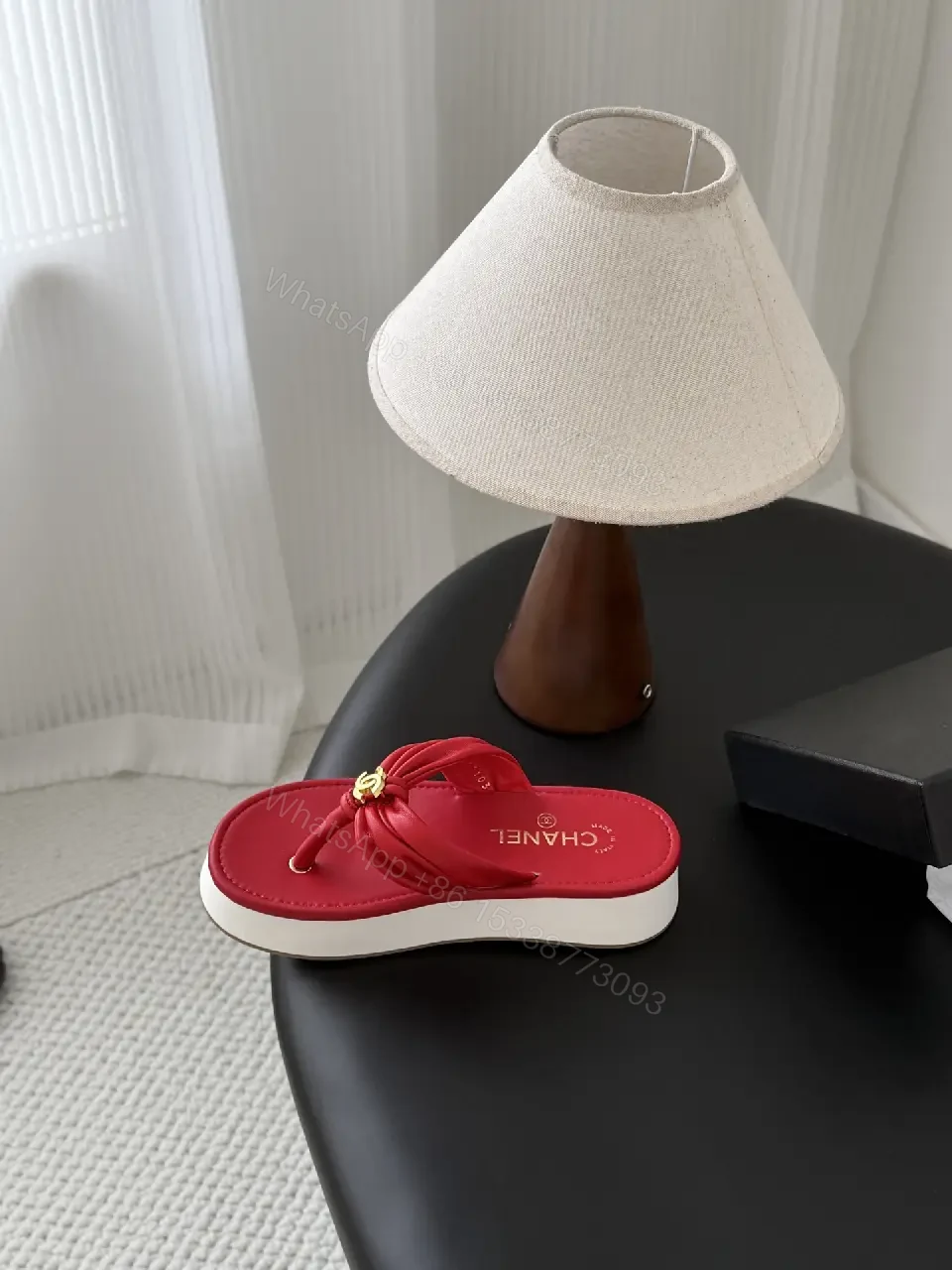 View 9 of Red Satin Flip-Flops with Gold Chanel Logo Student Style Sandals