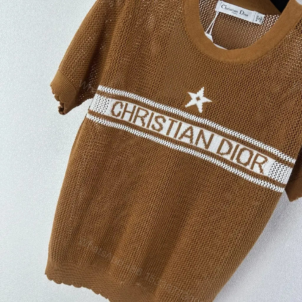 View 9 of Brown Knit Tee Wool Casual Dior Stripe Logo Top