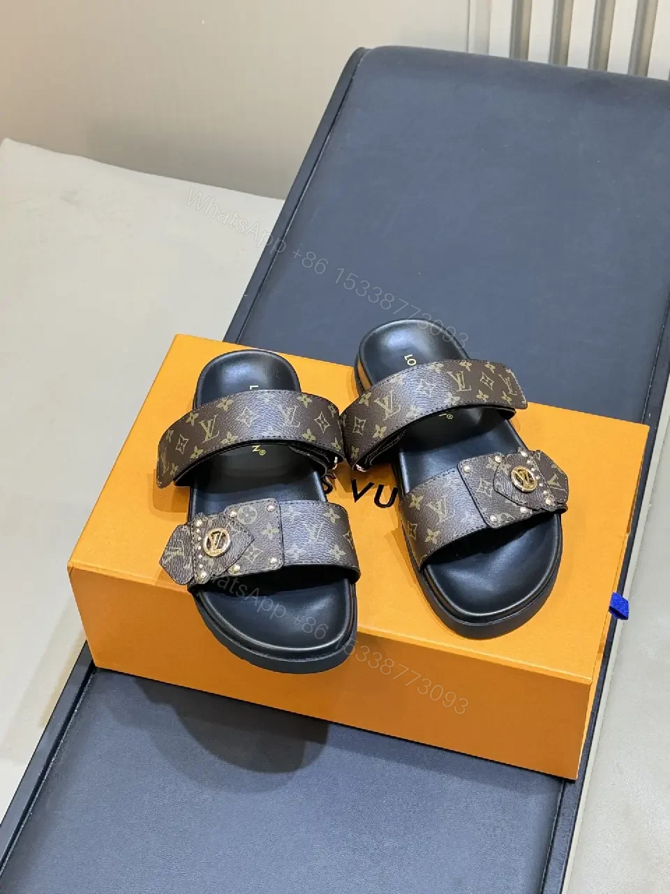 View 4 of Black Monogram Leather Sandals with Louis Vuitton Style Slides