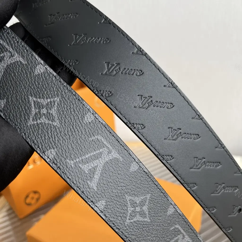 View 10 of Dark Gray/Black Leather Belt – LV Monogram, Pebbled Texture, Silver Buckle