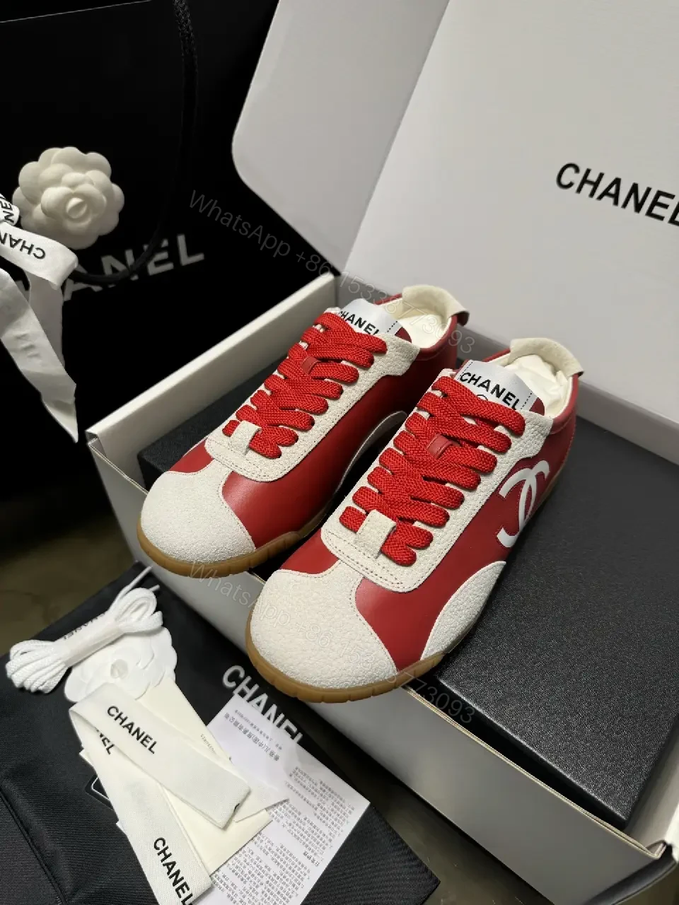 View 5 of Bold Red & White Chanel-Inspired Sneaker Couture (Luxury Low-Top)