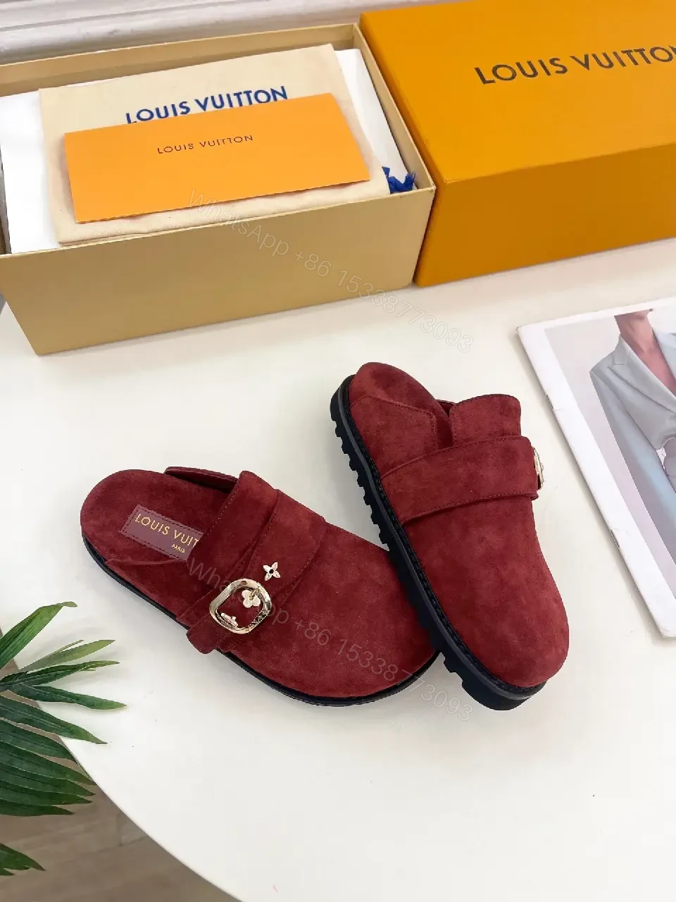 View 5 of Burgundy Suede Slipper Mule with Gold Buckle