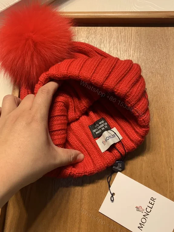 View 5 of Bold Red Knit Beanie with Plush Pom-Pom - Moncler Warmth