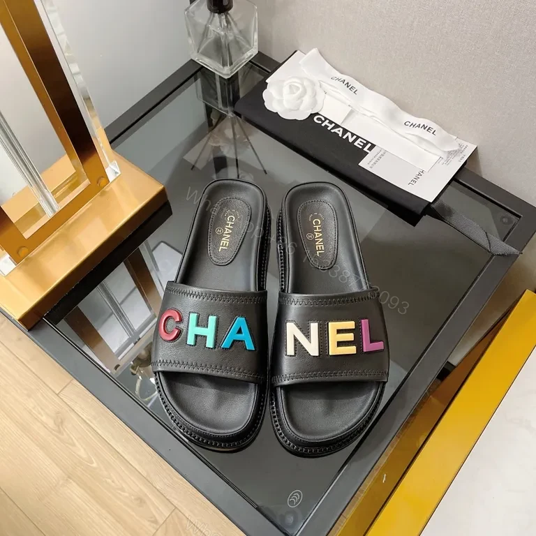 View 7 of Bold CHANEL Lettering Sandals: Multicolor Leather Slide
