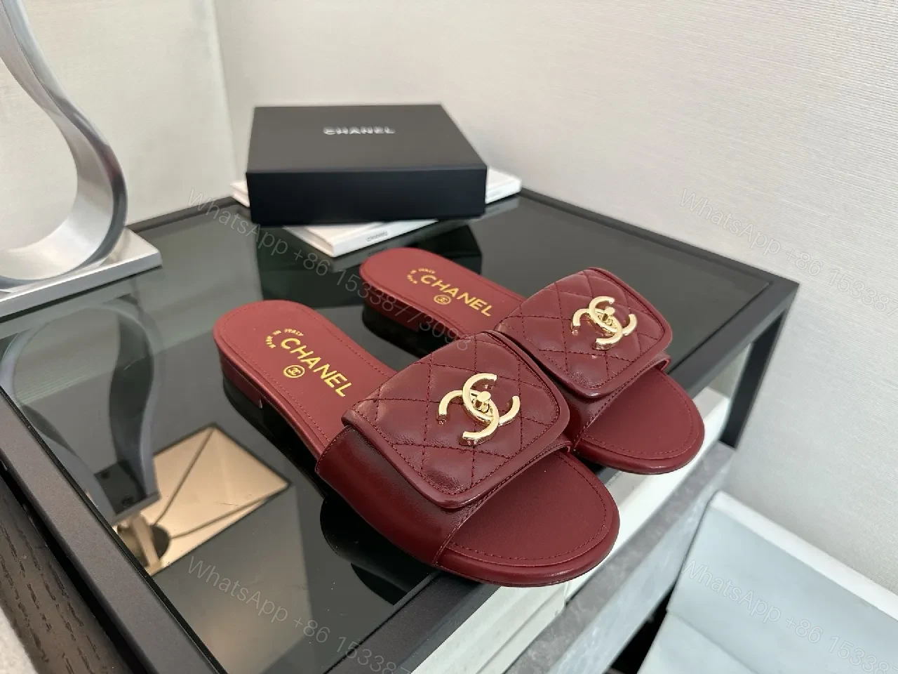 View 7 of Red Quilted Slip-On Sandals – Gold Hardware Luxury Slides