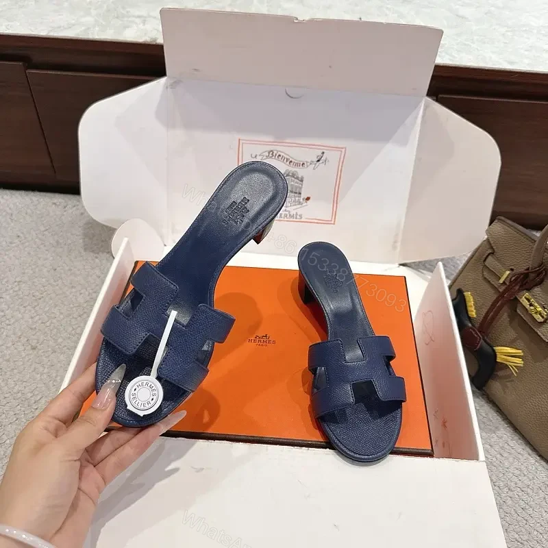 Navy Leather Hermès-Inspired Sandals Blue Slide Sandals — view 1