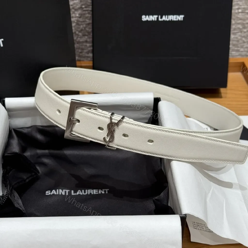 View 2 of Off-White Leather Belt with Monogram Hardware, Brushed Buckle