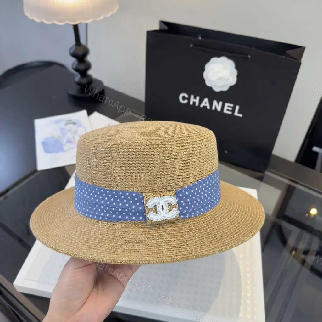 View 5 of Natural Tan Straw Boater Hat with Blue Polka Dot Band and Chanel Clasp