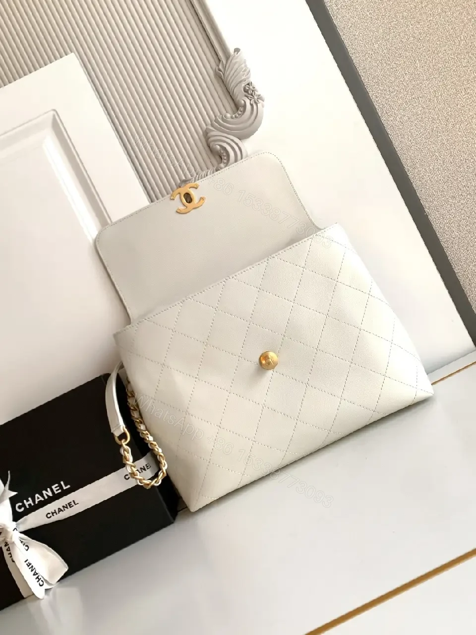 View 2 of White Quilted Leather Bag with Gold Chain Accent, Convertible Shoulder/Crossbody