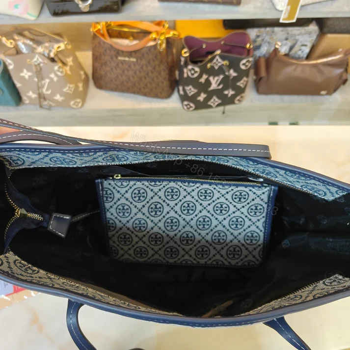 View 9 of First Copy Tory Burch T Monogram Large Zip Tote Bag Navy Blue