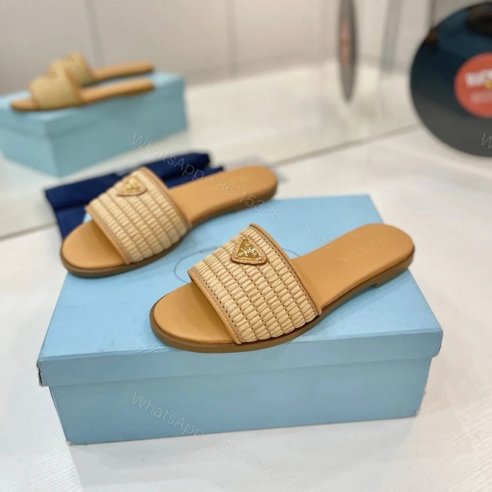 View 3 of Prada Leather Slides With Crochet Details Natural