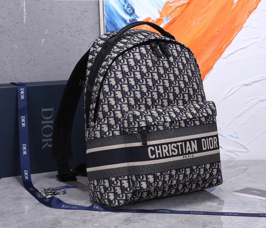 View 2 of Dior Monogram Luxury Backpack: Navy Leather Trim, Everyday Style