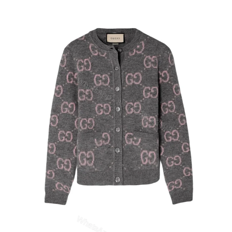 View 6 of Gucci Gg Monogram Knit Cardigan In Grey With Pink