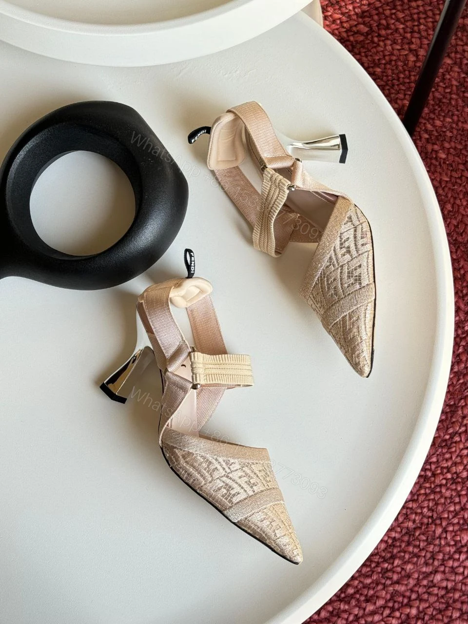 View 4 of Fendi Beige Perforated Leather Colibri Slingback Pumps