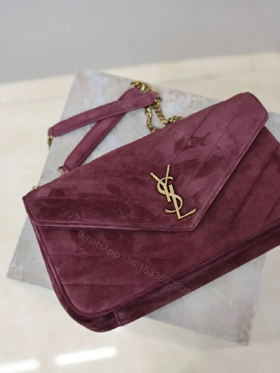 View 3 of Rich Velvet Quilted Shoulder Bag with Gold Hardware
