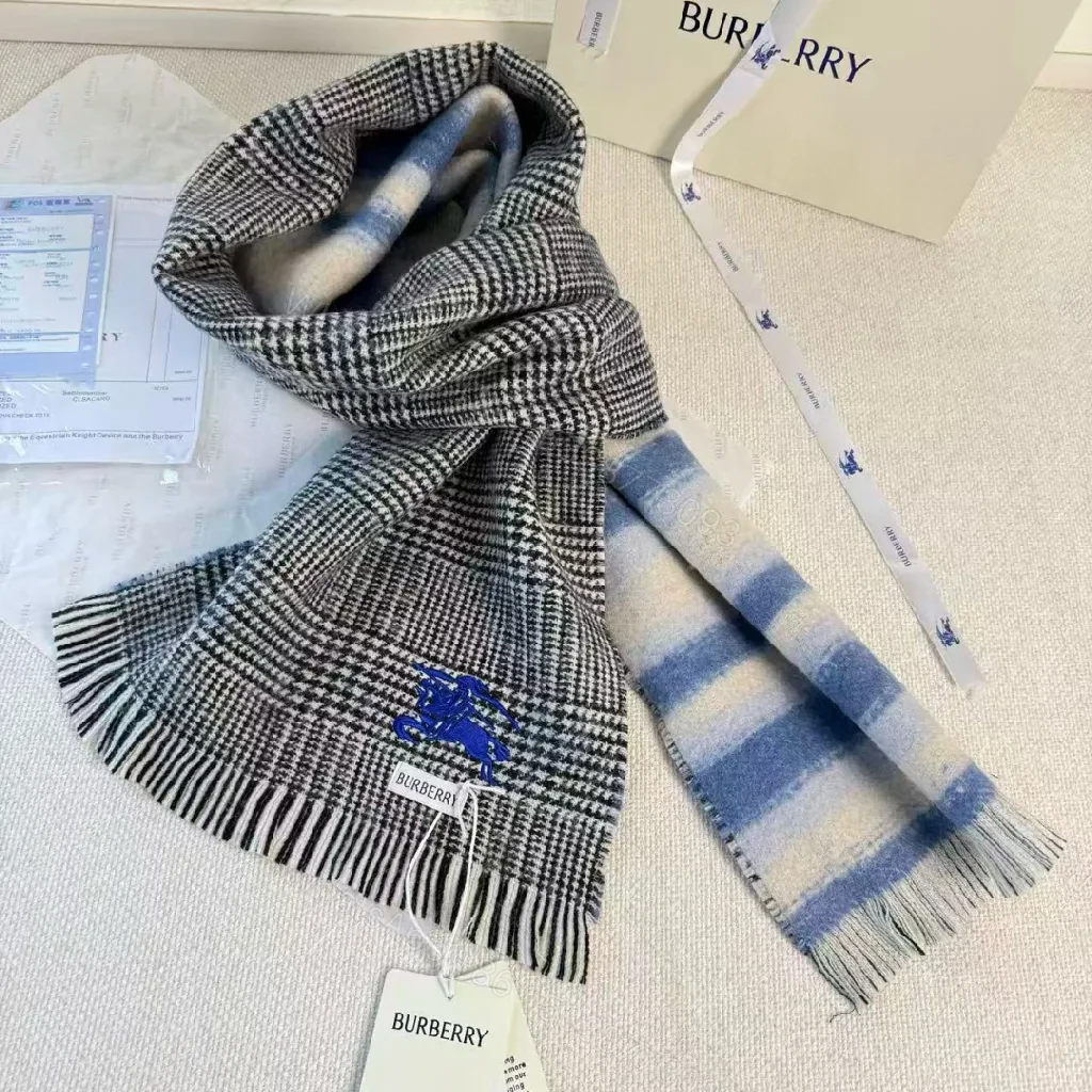 View 9 of Cozy Plaid Scarf – Soft Knit, Fringed Ends, Navy Embroidery