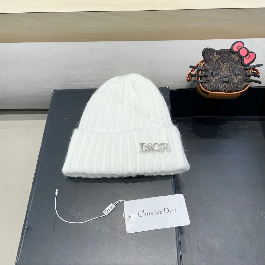 White Knit Beanie with Dior Embellishment: Cozy Luxury — view 1