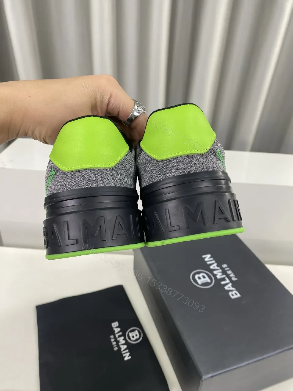 View 3 of Dynamic Gray Knit-Top Sneakers with Neon Accent Details