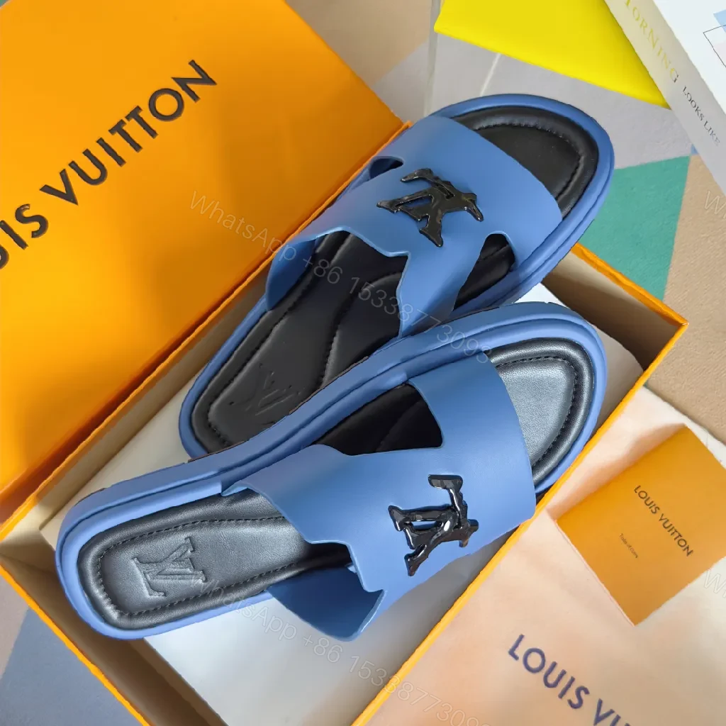 View 2 of Blue Leather Slip-Ons with LV Detail, Cushioned, Slip-On Shoes