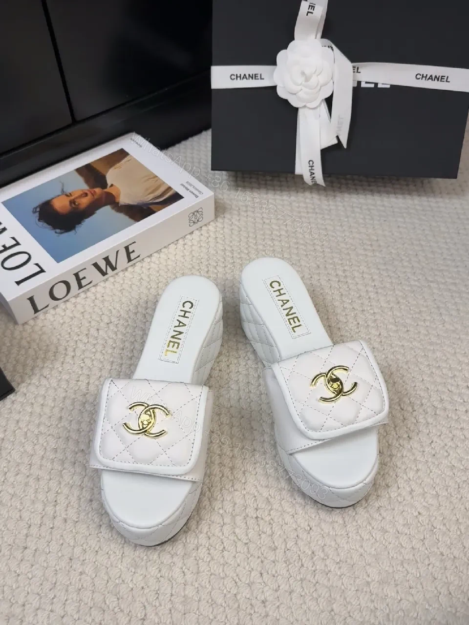 View 4 of White Quilted Slide Sandals with Gold Logo, Luxury Comfort