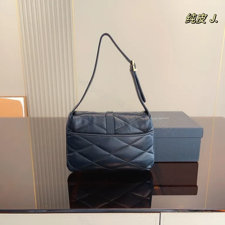View 6 of Navy Quilted Leather Shoulder Bag with YSL Hardware