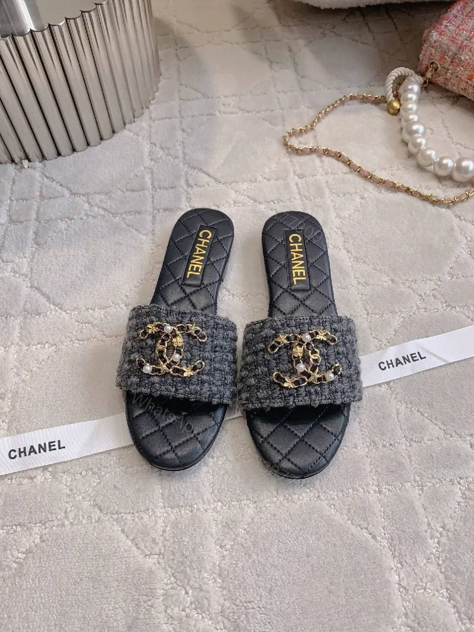 View 7 of Textured Tweed Slide Sandals with Interlock Detail
