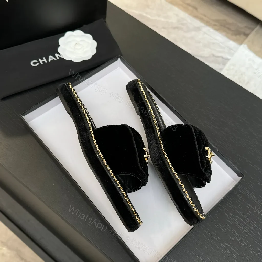 View 4 of Velvet Black Slide-Ons with Chain Trim, Luxe Casual Comfort