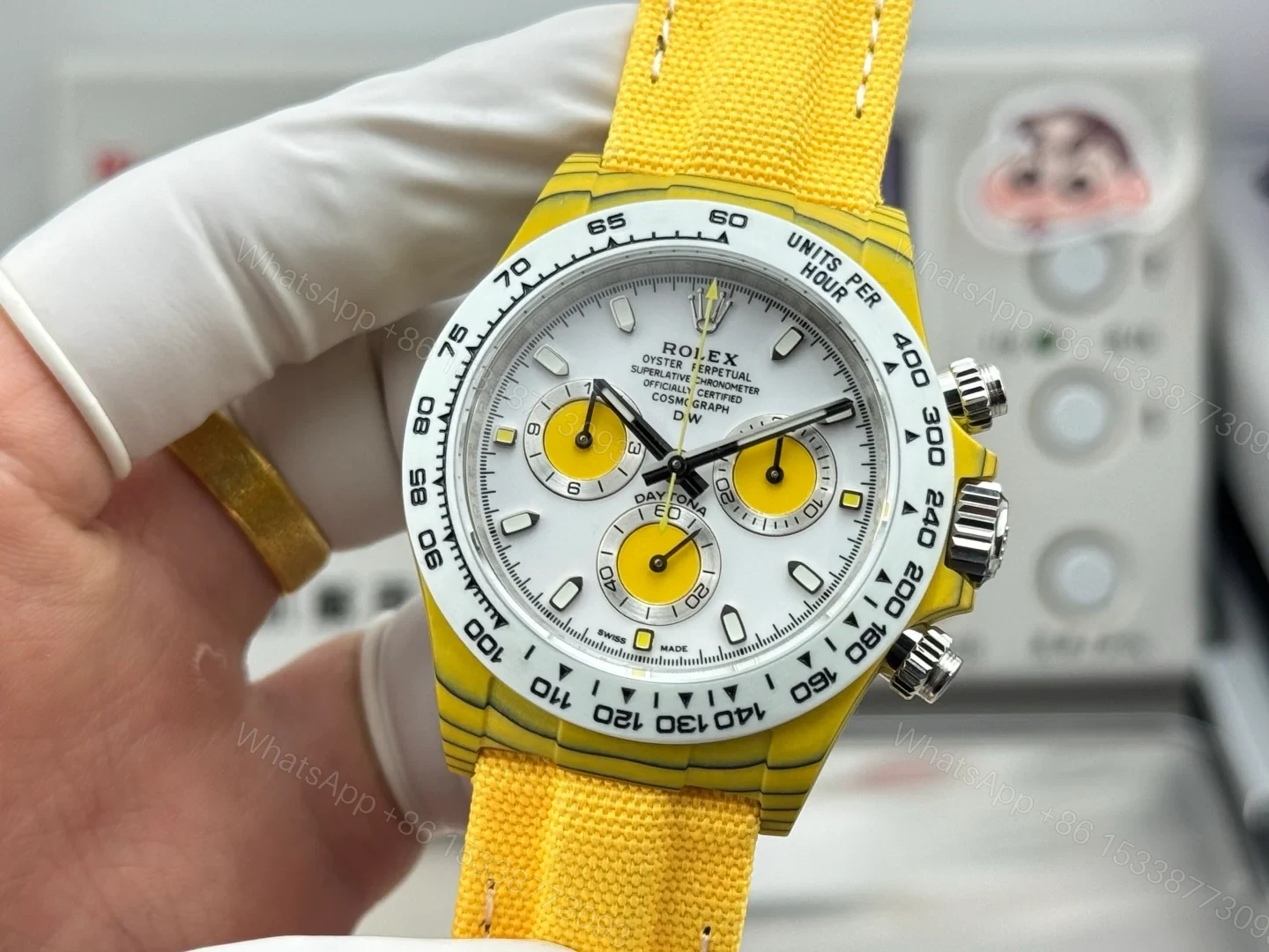View 3 of Rolex Daytona Yellow Carbon Fiber Replica 40MM Premium White Dial Yellow Fabric Strap RG-DAYTONA-YELLOW-CF-40