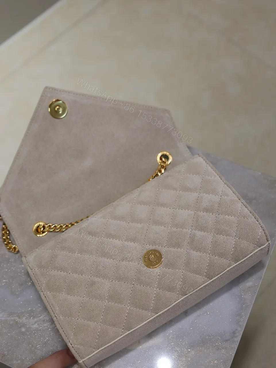 View 8 of Taupe Velvet Quilted Clutch with Gold Accent