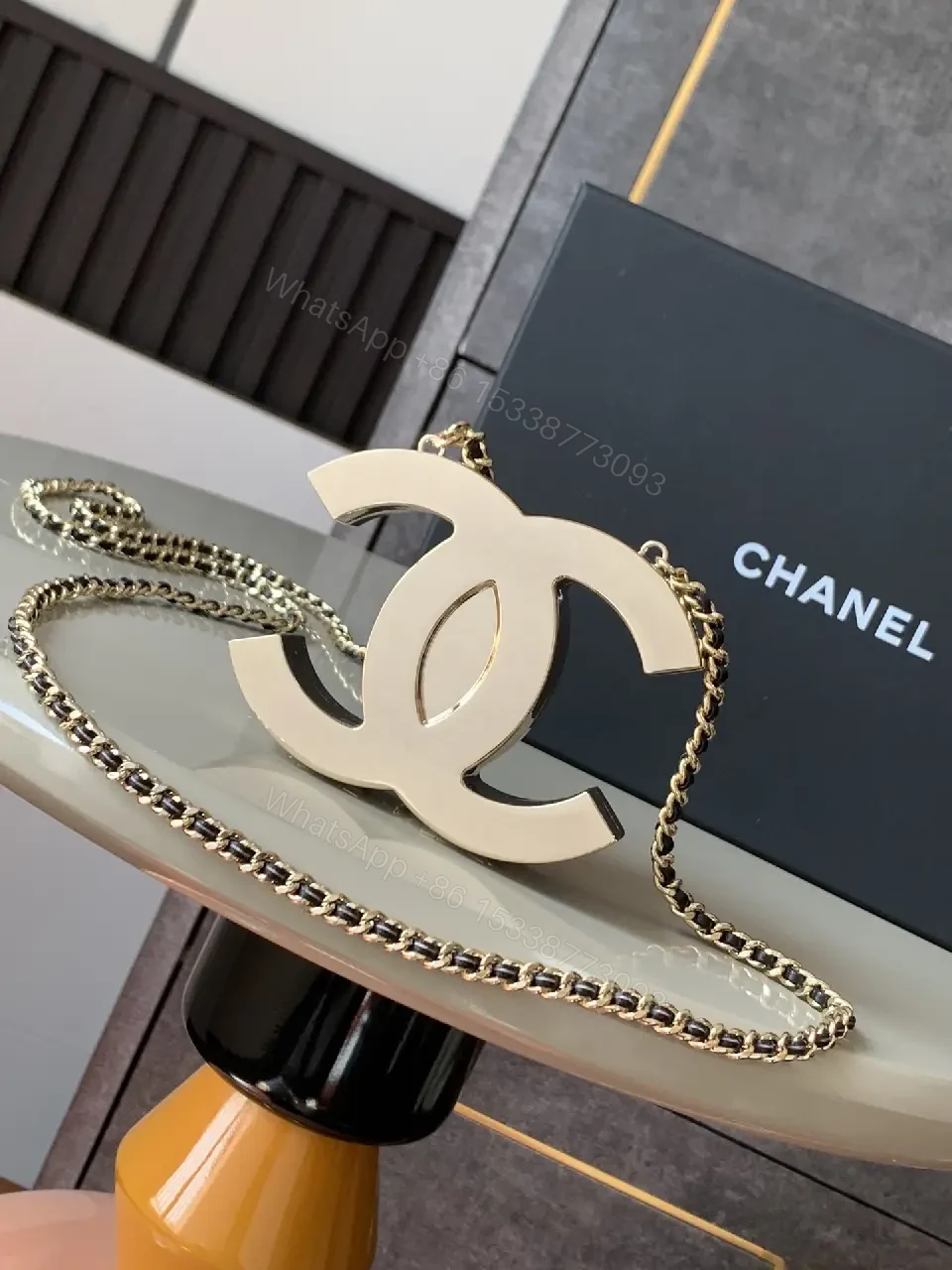 View 7 of Gold-Tone Logo Necklace Set with Chainmail Detail