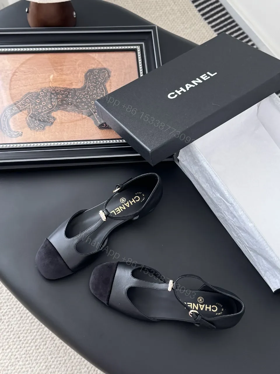 View 9 of Black Leather Slingback Heel with Pearl Trim