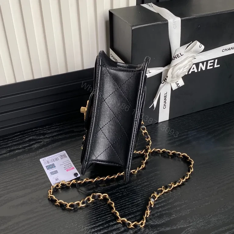 View 2 of Black Quilted Shoulder Bag with Gold Chain - Compact Luxury Bag