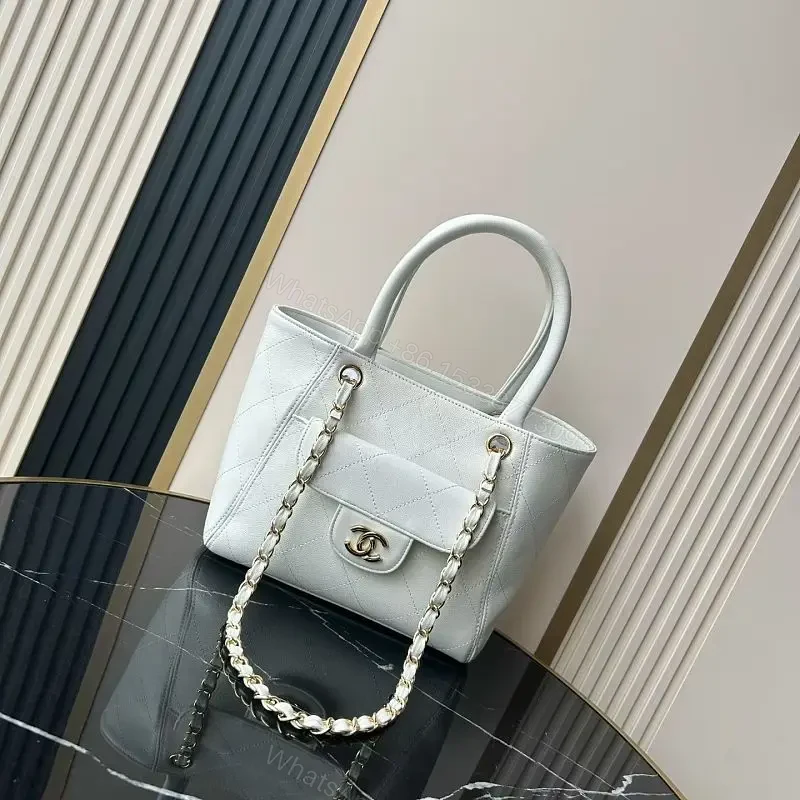 Pale Gray Diamond-Quilted Tote: Gold-Accented Chanel-Style Flap — view 1