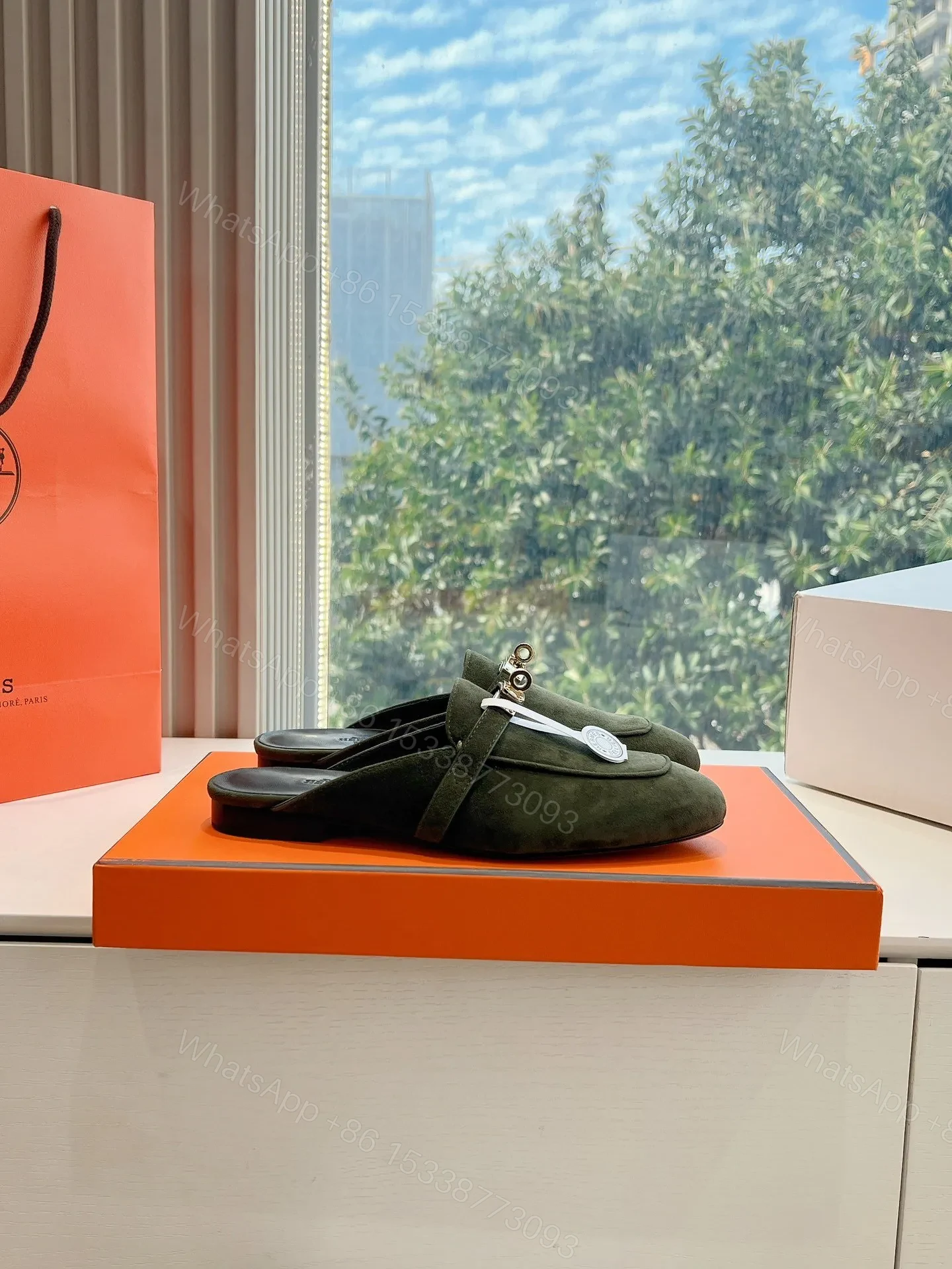 View 2 of Hermes Women Green Suede Mules