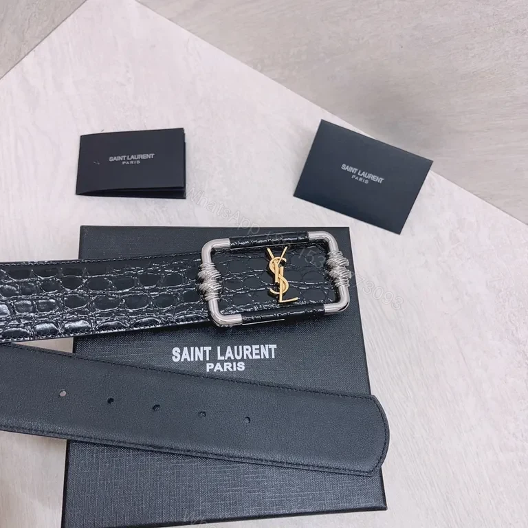View 3 of Statement Leather Belt with Iconic YSL Hardware - Bold & Refined