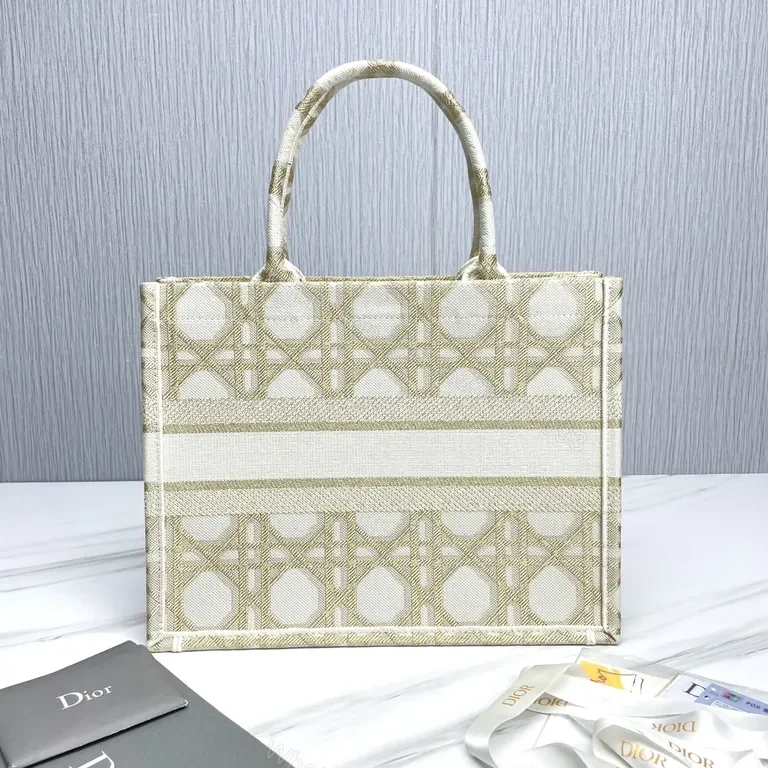 View 9 of Beige Structured Tote: Dior-Patterned Carryall with Signature Handles