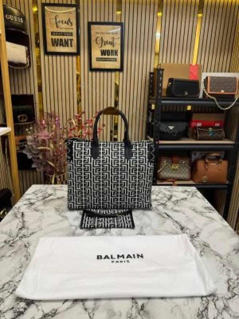 View 5 of First Copy Balmain Paris Monogram Structured Tote Bag With Black Handles And Premium Finish