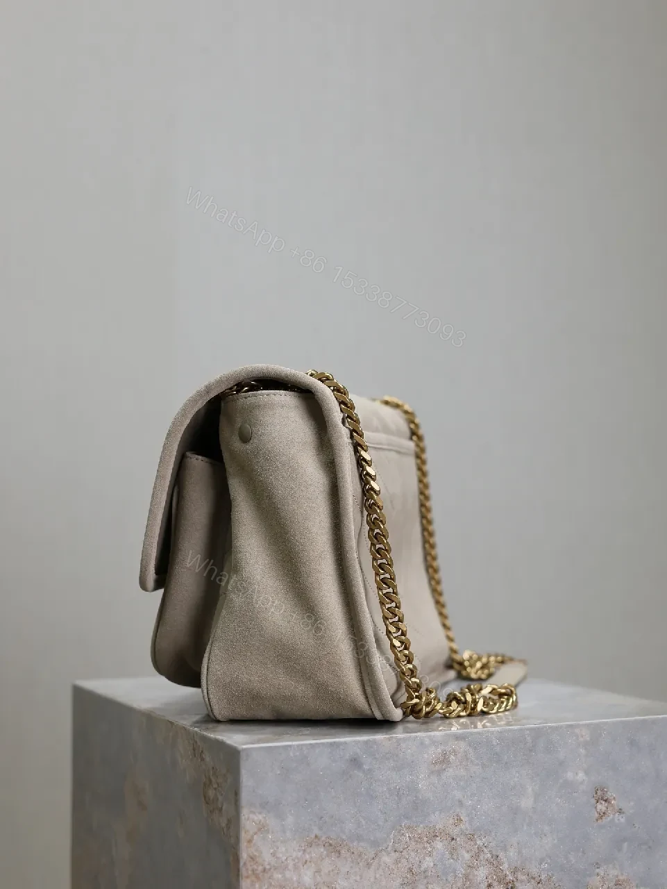 View 3 of Taupe Quilted Crossbody Bag - Suede-Feel, Chevron + Icon Hardware